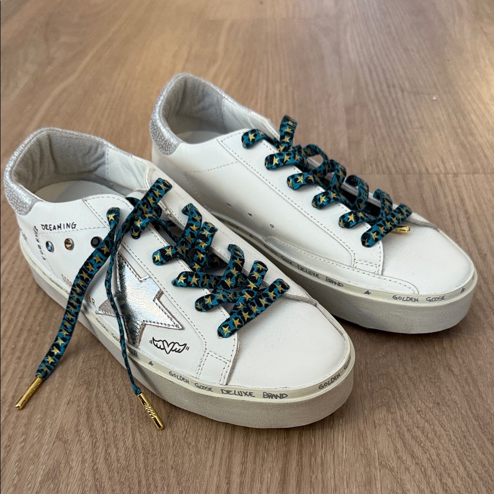 Golden Goose White Leather Sneakers with Silver Star and Blue Patterned Laces